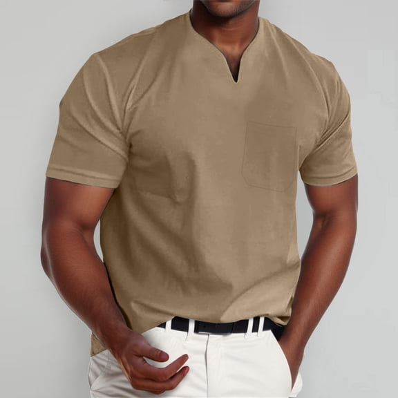 Mens Workout Shirts Lightweight Solid Color Slim Fit Short Sleeve V Neck Sport Shirts 2026 Spring Summer Fall Blouses Pullover Outfits Khaki L