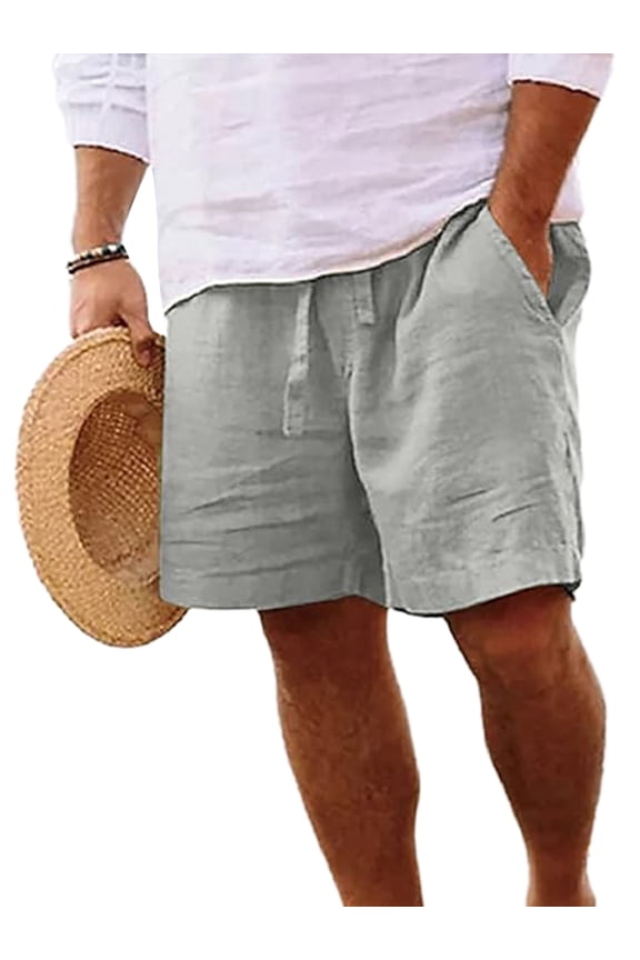 Mens Workout Shorts Cotton Linen with Pockets Elastic Waist Casual Solid Straight Wide Leg Lightweight Gym Bermuda Short