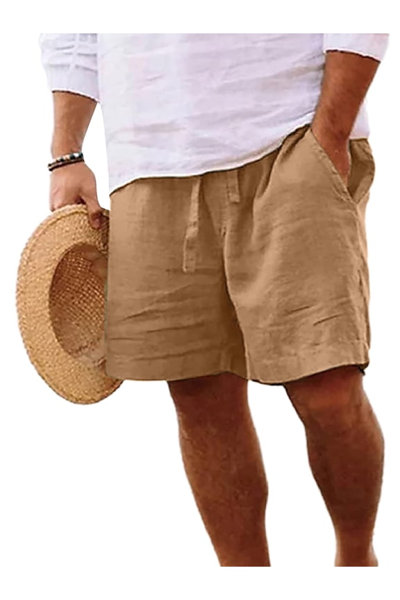 Mens Workout Shorts Cotton Linen with Pockets Elastic Waist Casual Solid Straight Wide Leg Lightweight Gym Bermuda Short