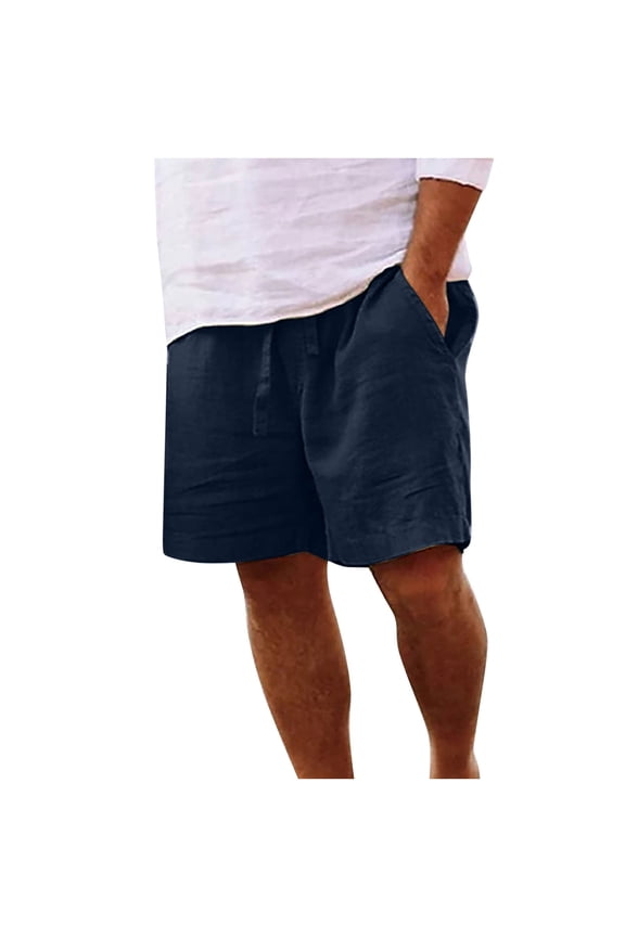 Mens Workout Shorts Cotton Linen with Pockets Elastic Waist Casual Solid Straight Wide Leg Lightweight Gym Bermuda Short