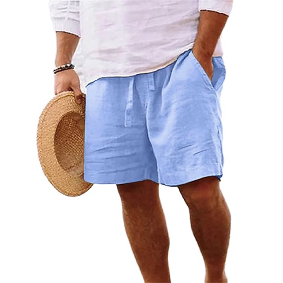 Mens Workout Shorts Cotton Linen with Pockets Elastic Waist Casual Solid Straight Wide Leg Lightweight Gym Bermuda Short