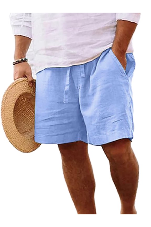 Mens Workout Shorts Cotton Linen with Pockets Elastic Waist Casual Solid Straight Wide Leg Lightweight Gym Bermuda Short