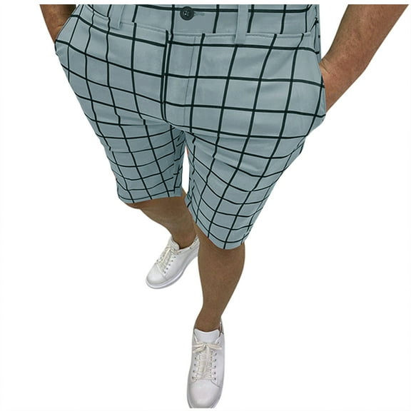 Mens Workout Shorts Summer Plaid Print Shorts Zipper Fly Semi Elastic Waist Pocket Blue M