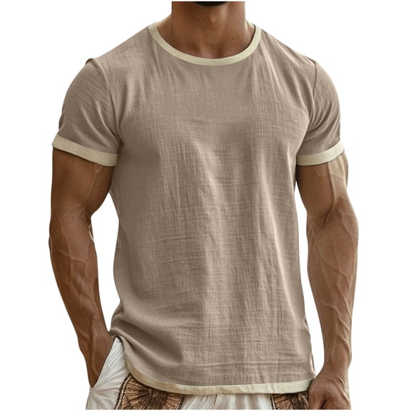 Mens Workout Sport Shirts Cotton Linen Short Sleeve Casual Summer T Shirt Lightweight Loose Crewneck Beach Vacation Blouse Top