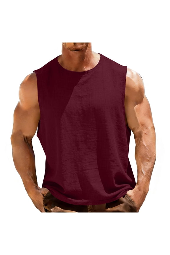 Mens Workout Tank Tops Cotton Linen Cut Off Sleeveless Muscle Shirts Gym Athletic Running T Shirt