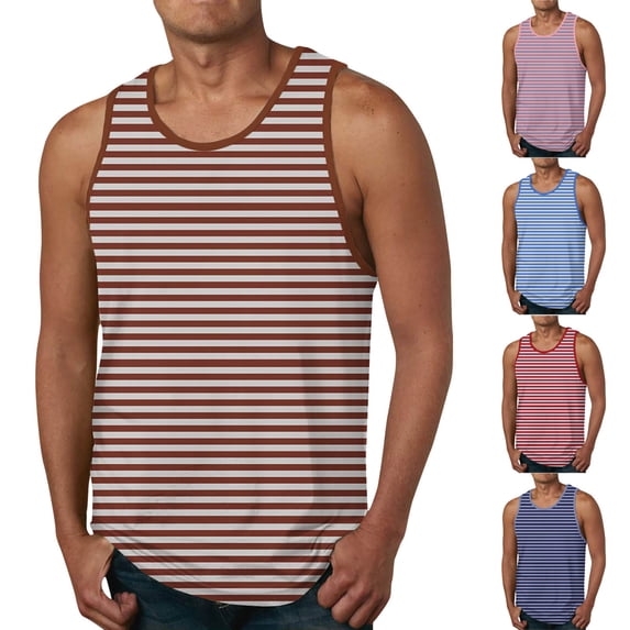 Mens Workout Tank Tops Cotton Sleeveless Striped Muscle Gym T Shirts Casual Summer Beach Tee Tops Big and Tall Size S-4XL Red