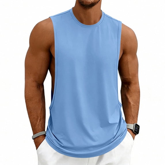 Mens Workout Tank Tops Cut Off Sleeveless Muscle Shirts Gym Athletic Running T Shirt Light Blue L
