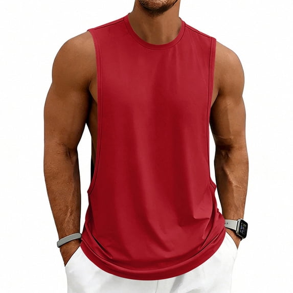Mens Workout Tank Tops Cut Off Sleeveless Muscle Shirts Gym Athletic Running T Shirt Red L