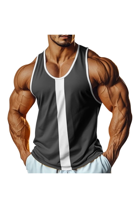 Mens Workout Tank Tops Fitness Bodybuilding Sleeveless Gym Muscle Stringer Shirts Trendy Color Block Summer Athletic T-Shirts