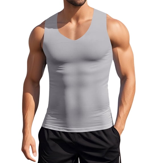 Mens Workout Tank Tops V Neck Sleeveless Slim Fit Bodybuilding Fitness Muscle Shirts Casual Basic Summer Beach Tops Grey, Size XXL