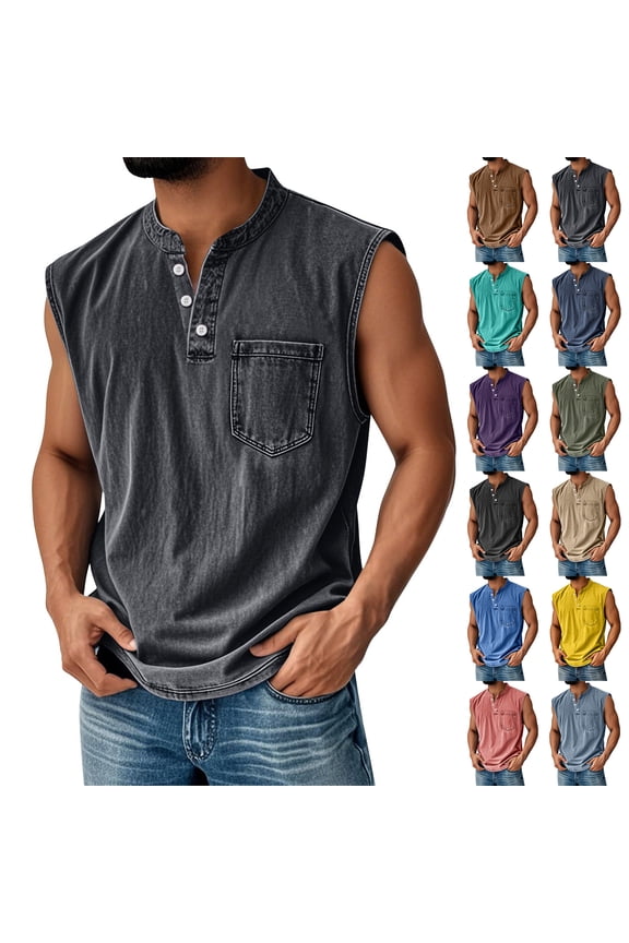 Mens Workout Tank Tops Vintage Sleeveless Henley Shirts Muscle Gym Running Shirts Acid Wash Tops with Pocket