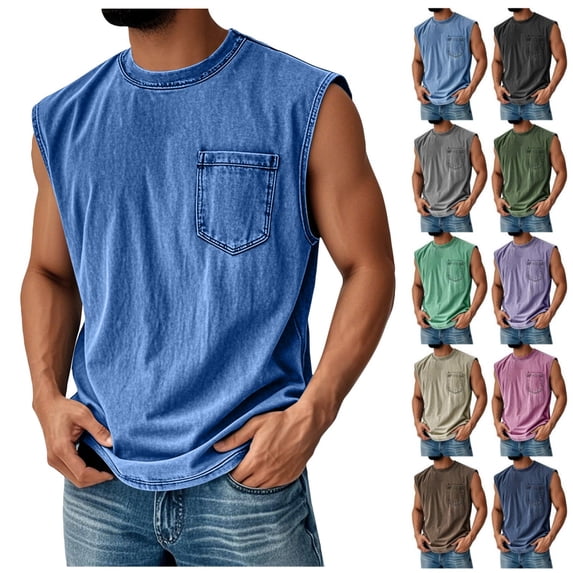 Mens Workout Tank Tops Vintage Sleeveless Tee Shirts Summer Muscle Gym Running Athletic Crewneck T-Shirts with Pocket
