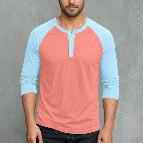 Mens Workout Top Long Sleeve Button Up Henley Shirt Casual Color Blocked Pullover Pajama Sleep Tops