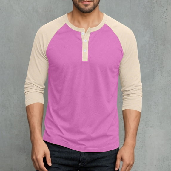 Mens Workout Top Long Sleeve Button Up Henley Shirt Casual Color Blocked Pullover Pajama Sleep Tops
