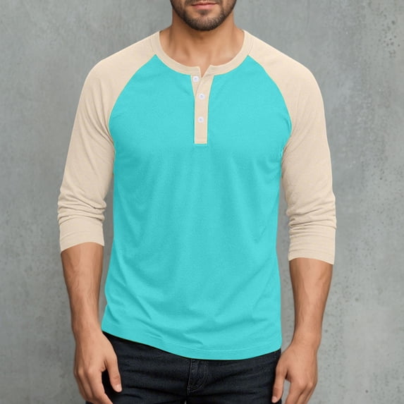 Mens Workout Top Long Sleeve Button Up Henley Shirt Casual Color Blocked Pullover Pajama Sleep Tops