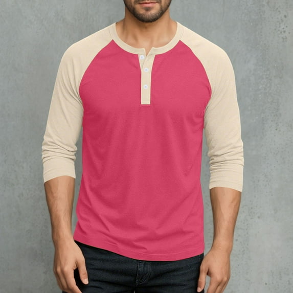 Mens Workout Top Long Sleeve Button Up Henley Shirt Casual Color Blocked Pullover Pajama Sleep Tops