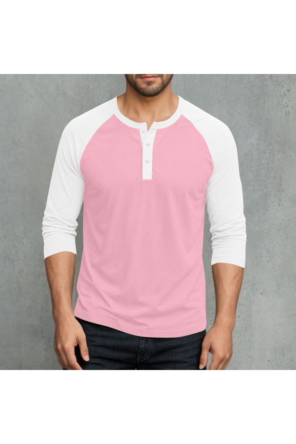 Mens Workout Top Long Sleeve Button Up Henley Shirt Casual Color Blocked Pullover Pajama Sleep Tops