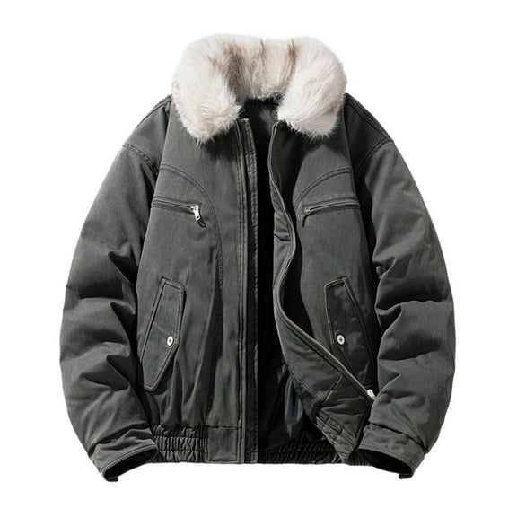 Mens Workwear Jackets Faux Fur Lapel Collar Zipper Long Sleeve Cotton Jacket Fall Winter Casual Loose Coats with Pockets (L, Green)