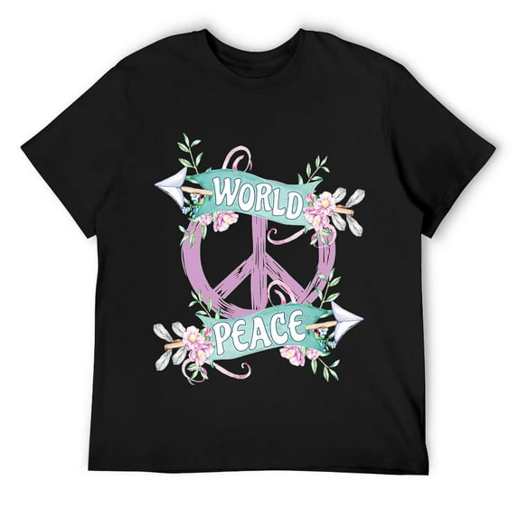 Mens World Peace Sign Boho Flower Power Hippie Kindness Hope Short Sleeve T-Shirt Black