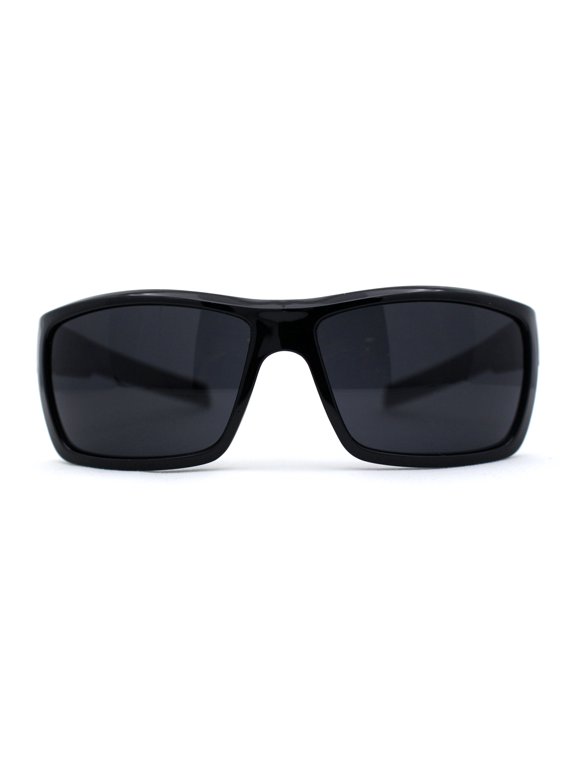 Mens Wrap Around Rectangle Biker Plastic Sunglasses Black Blue Flame