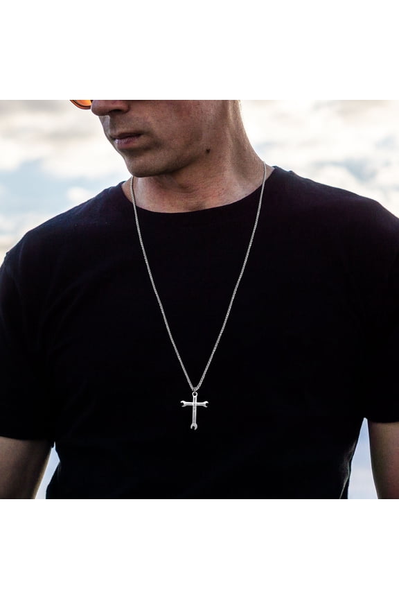 Mens Wrench Cross Pendant Necklaces,Religious Faith Bible I Can do All Things,14K White Gold Jewelry