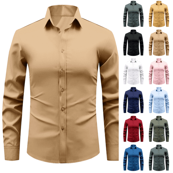 Mens Wrinkle Free Long Sleeve Dress Shirts Lapel Collar Slim Fit Button Down Business Casual Tops Khaki 2XL