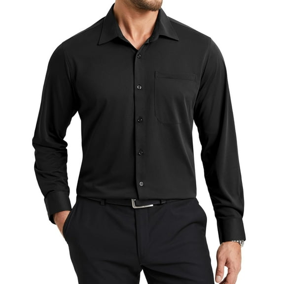 Mens Wrinkle-free Long Sleeve Dress Shirt Solid Stretch Black Button Down Shirt Business Wedding