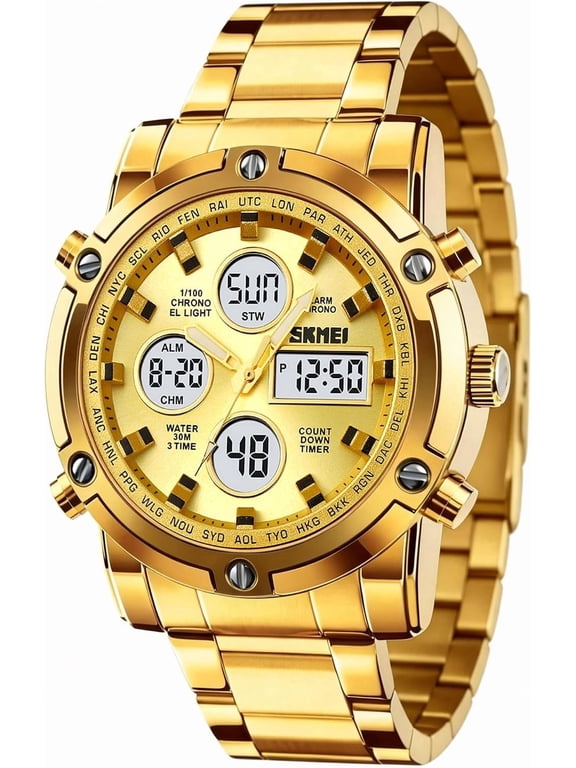 Mens Wrist Watch, Waterproof Military Analog Digital Watches with LED Multi Time Chronograph, Stainless Steel Business Watches for Men