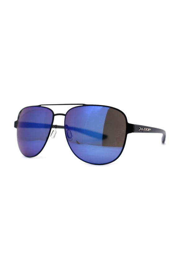 Mens Xloop 90s Classic Officer Cop Sport Rectangle Metal Sunglasses Black Blue Mirror