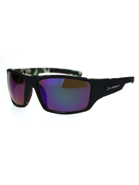 Mens Xloop Classic 90s Matte Camouflage Print Warp Sport Plastic Sunglasses Green Camo Teal Mirror