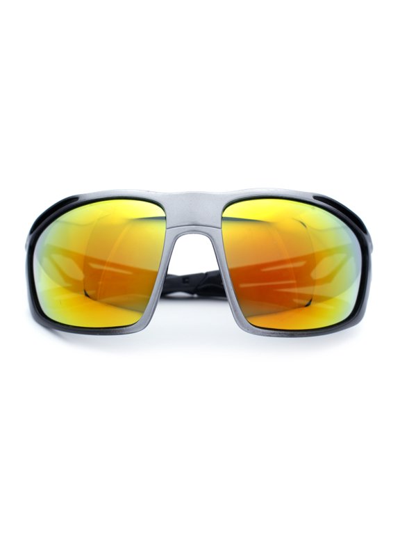 Mens Xloop Classic Mirror Lens Rectangle Wrap Biker Style Plastic Sunglasses Black Silver - Orange Mirror