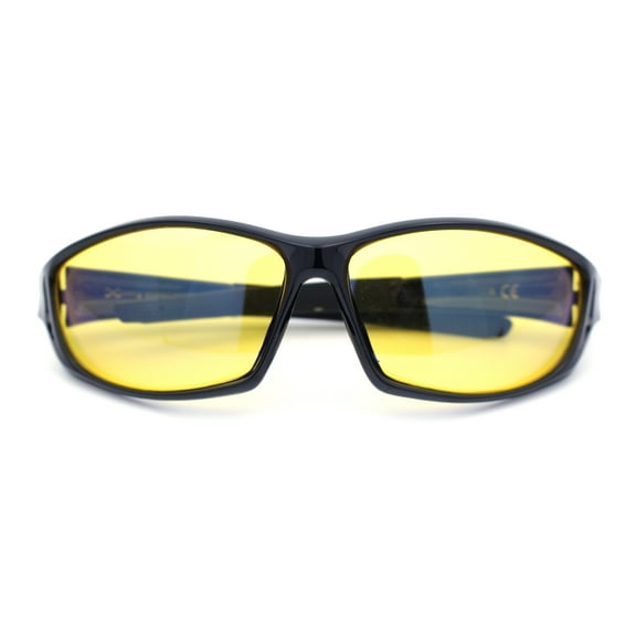Mens Xloop HD Night Driving Yellow Lens Wrap Biker Style Plastic Sunglasses Shiny Black