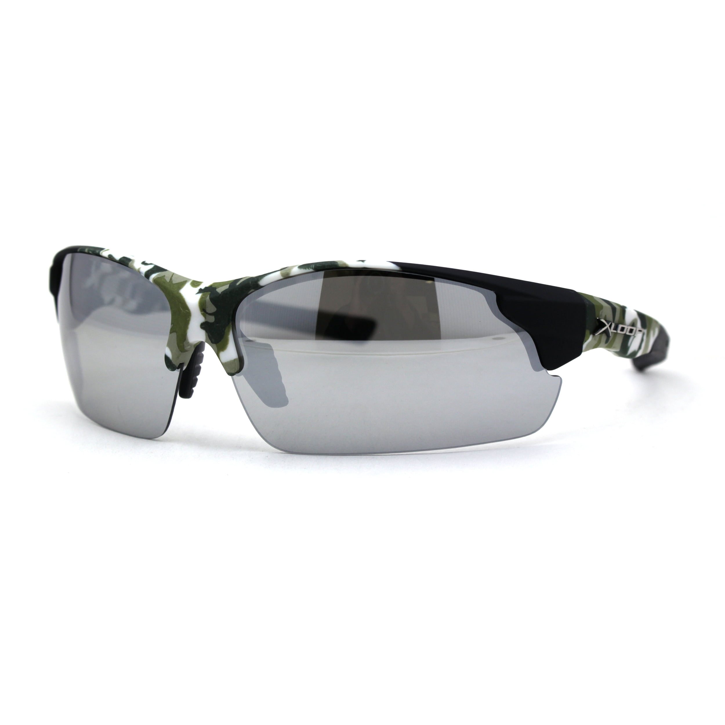 Mens Xloop Hunters Camo Half Rim Plastic Sunglasses Green White Silver  Mirror
