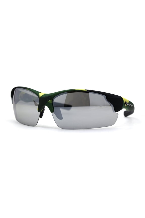 Mens Xloop Hunters Camo Half Rim Plastic Sunglasses Green Yellow Silver Mirror