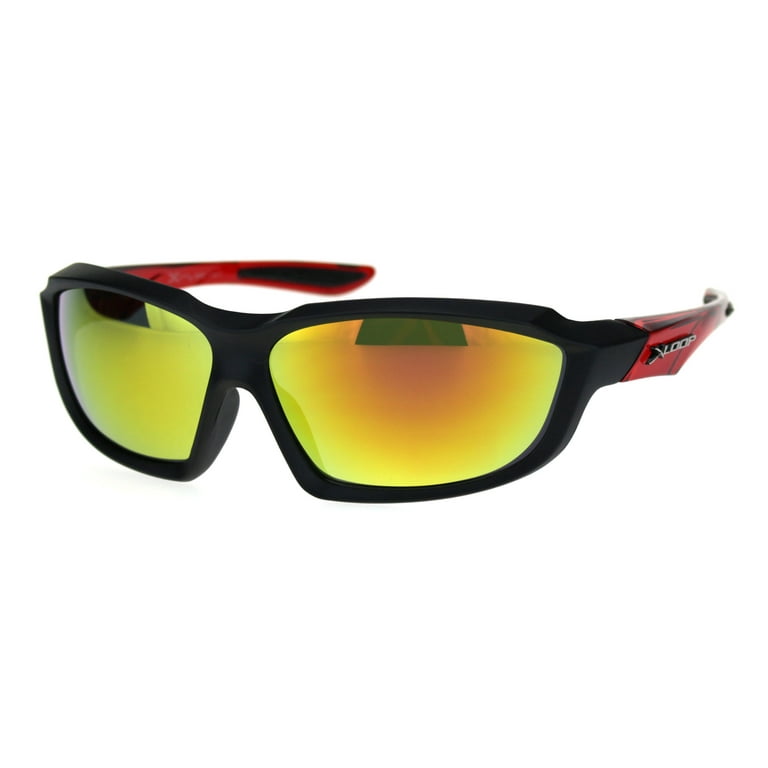 Mens Xloop Warp Around Rectangular Sport Running Sunglasses Matte Black Red  Orange Mirror