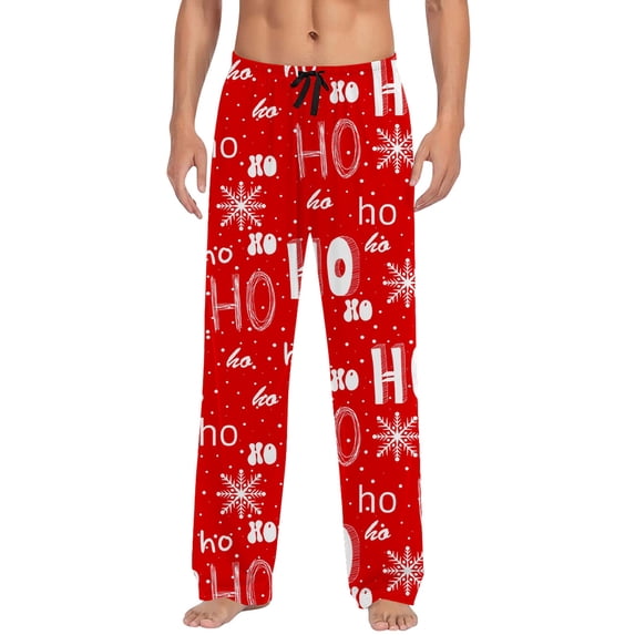 Mens Xmas Pj Pants Drawstring Elastic Waist Letter Print Casual Pants Bottoms Xmas Gifts Loose Fit Straight Leg Sleepwear for Men Brick Red M