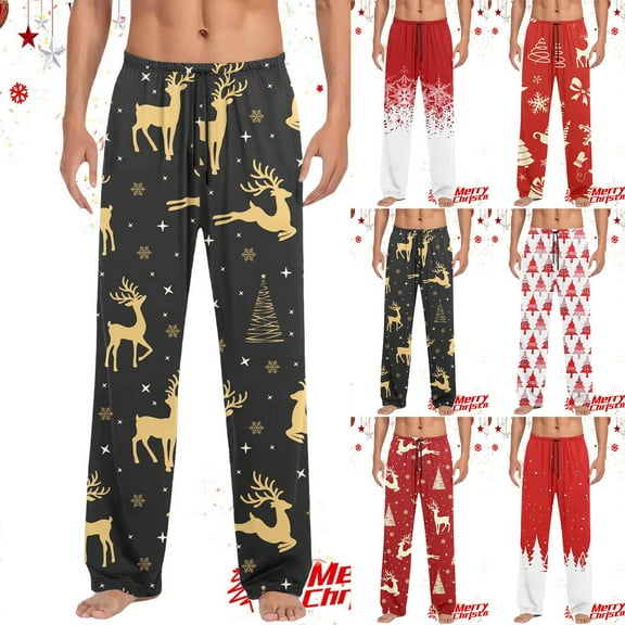 Mens Xmas Pjs Elastic Waist Christmas Print Holiday Casual Pants Bottoms Celebrating Xmas Gifts Loose Fit Men's Sleepwear Pants Black XL