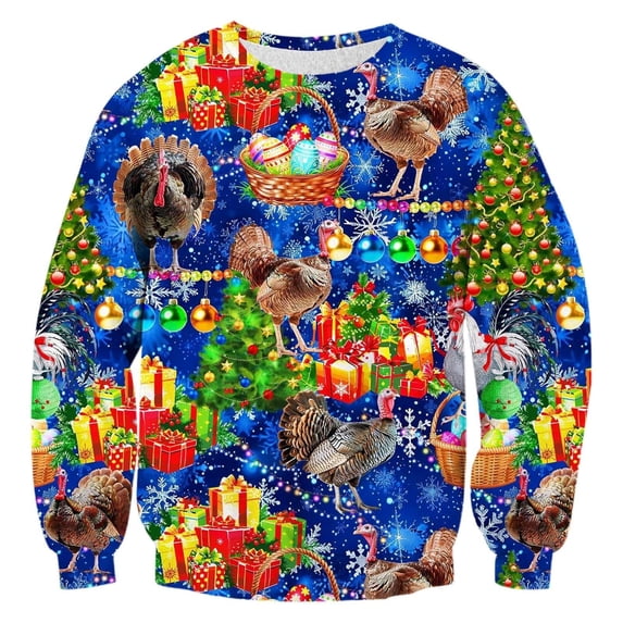 Mens Xmas Sweatshirts Festive Long Sleeve Soft Crewneck Pullover Sweatshirt Funny Graphic Xmas Gift Winter Casual Men's Sweatshirt Blue L