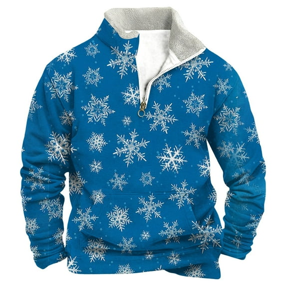 Mens Xmas Sweatshirts Half Zip Long Sleeve Crewneck Pullover Sweater Xmas Gift Winter Athletic Casual Men's Sweatshirt Sky Blue 2XL
