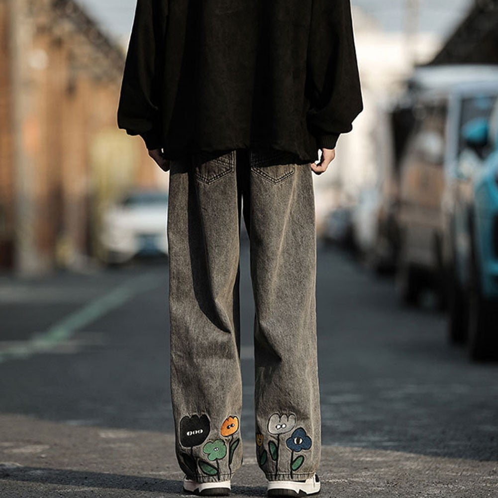 Mens Y2K Flower Printed Baggy Jeans Vintage Straight Pants Mens Y2K Flower Printed Baggy Jeans Vintage Straight Pants