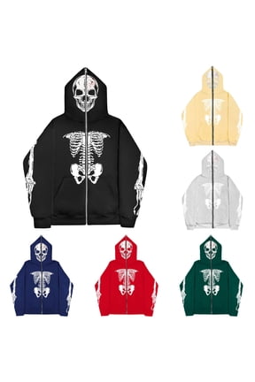 Halloween Hoodies for Men, Mens Y2K Fun Skeleton Print Zip Up Goth Hooded Sweatshirt Streetwear Jacket Fall Fashion Outfits Halloween Gifts 