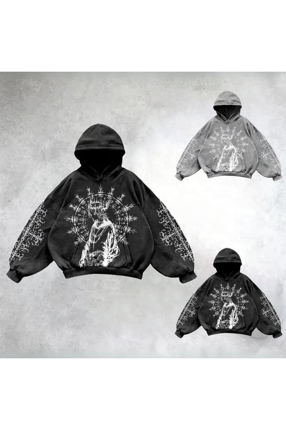 Mens Y2K Hoodies Long Sleeve Vintage Graphic Pullover Hooded Sweatshirt Streetwear Black XL