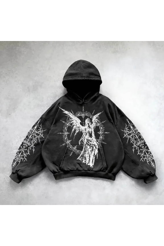 Mens Y2K Hoodies Vintage Graphic Long Sleeve Pullover Hooded Sweatshirt Streetwear Tops Black L