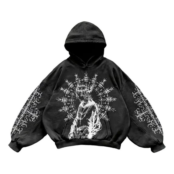 Mens Y2K Hoodies Vintage Graphic Pullover Long Sleeve Hooded Sweatshirt Streetwear Loose Black L