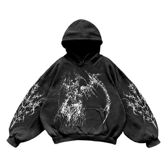 Mens Y2K Hoodies Vintage Graphic Pullover Long Sleeve Hooded Sweatshirt Streetwear Loose Black1 M