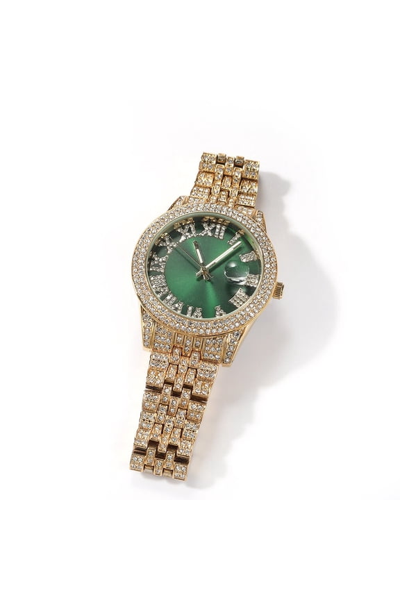 Mens Yellow Gold Finish Simulated Diamond Bling Stainless Steel Iced Out Hip Hop Roman Numeral Custom Luxury Waterproof Quartz Watch 42mm