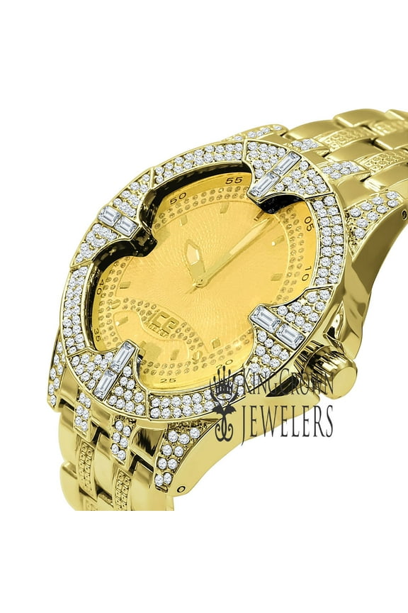 Mens Yellow Gold Finish Simulated Diamonds Solid Stainless Steel Back Analog Iced Out Watch
