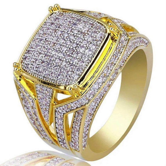 Mens Yellow Gold Ring Geometric Design Metal Band for Men European American Fashion Jewelry Ring Gift for Him