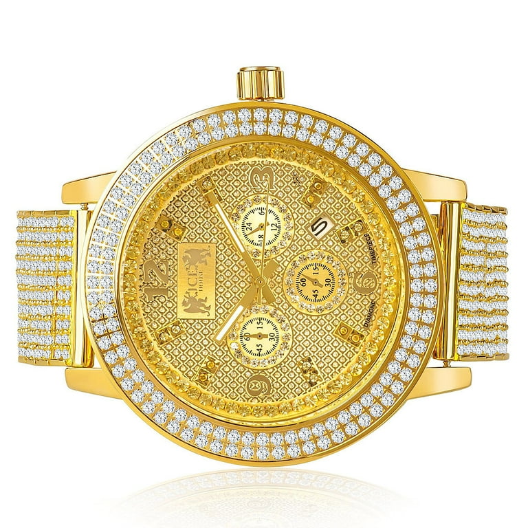Mens Yellow Gold Tone Real Diamonds Dial Custom Bezel Band Joe