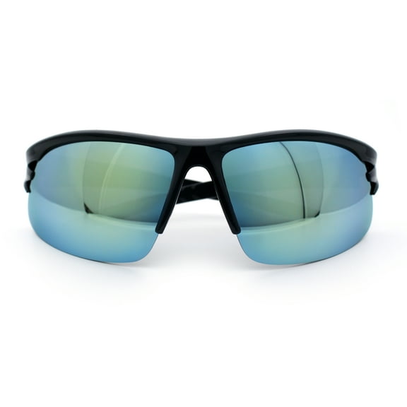 Mens Yellow Mirror Half Rim Sport Wrap Plastic Sunglasses Shiny Black